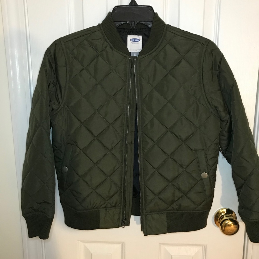Kids army green old navy quilted bomber jacket.